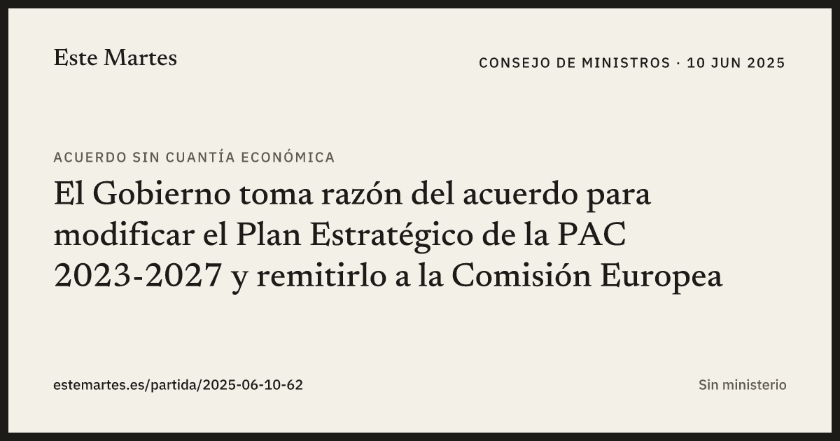 Tarjeta: El Gobierno toma razón del acuerdo para modificar el Plan Estratégico de la PAC 2023-2027 y remitirlo a la Comisión Europea