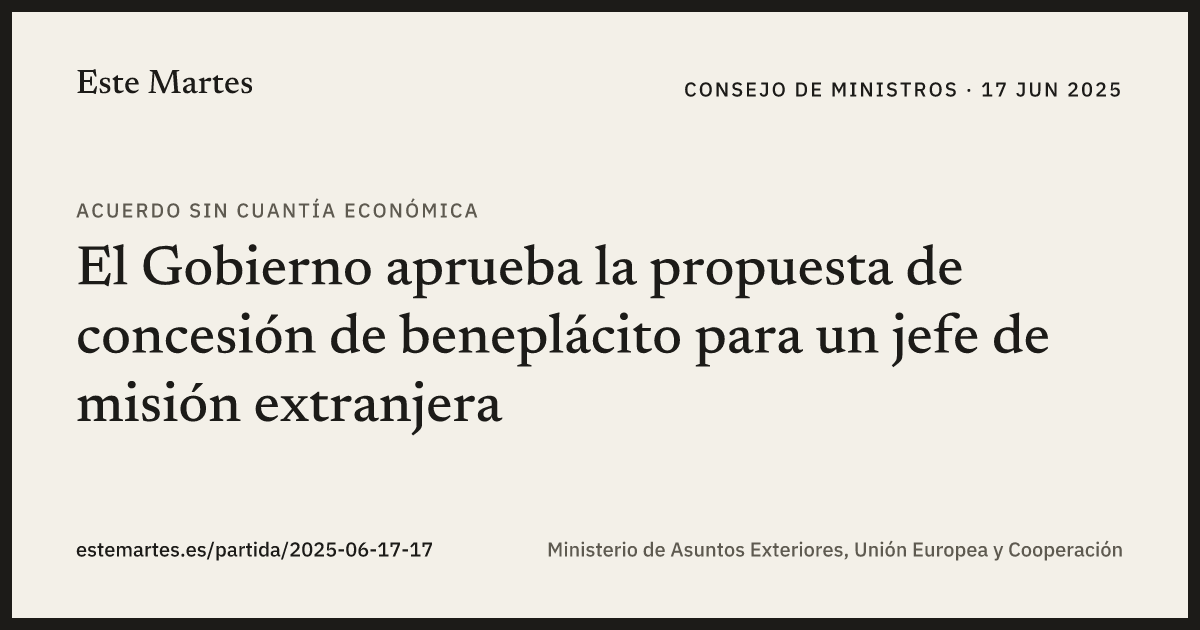 Tarjeta: El Gobierno aprueba la propuesta de concesión de beneplácito para un jefe de misión extranjera