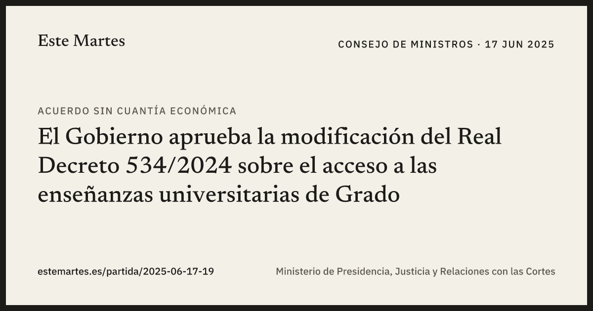 Tarjeta: El Gobierno aprueba la modificación del Real Decreto 534/2024 sobre el acceso a las enseñanzas universitarias de Grado