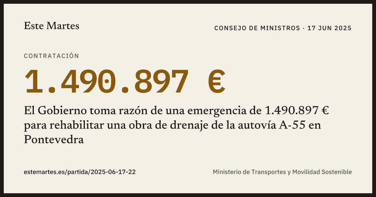 Tarjeta: El Gobierno toma razón de una emergencia de 1.490.897 € para rehabilitar una obra de drenaje de la autovía A-55 en Pontevedra