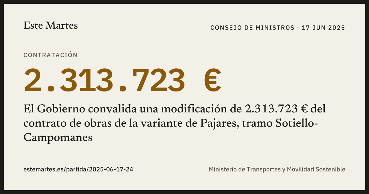 Tarjeta: El Gobierno convalida una modificación de 2.313.723 € del contrato de obras de la variante de Pajares, tramo Sotiello-Campomanes