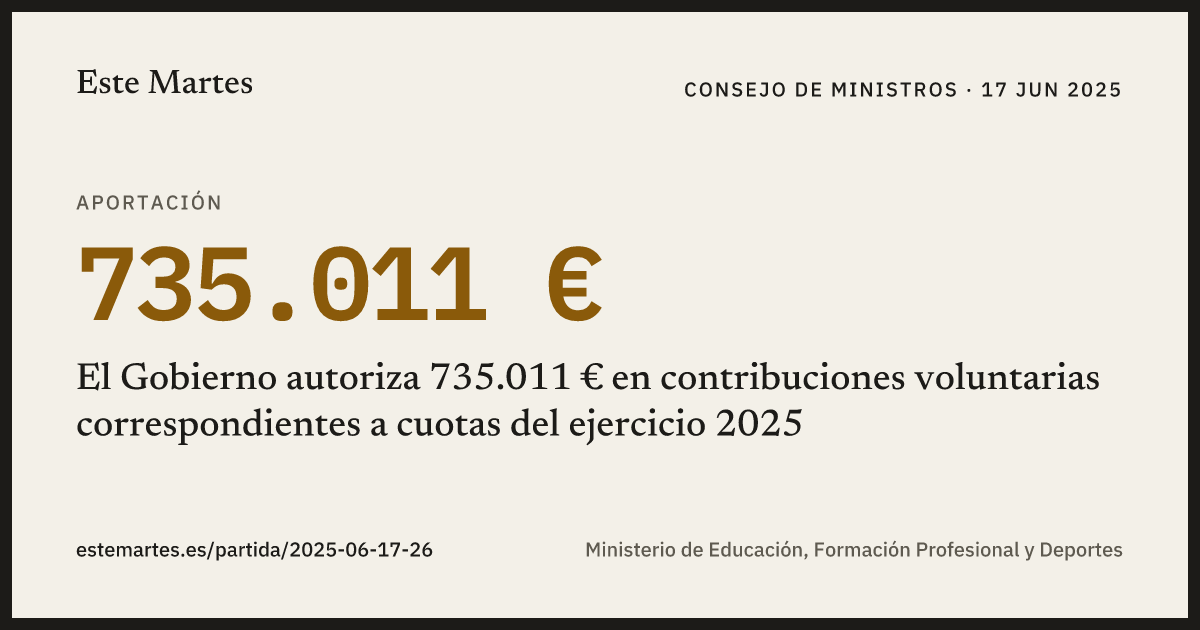 Tarjeta: El Gobierno autoriza 735.011 € en contribuciones voluntarias correspondientes a cuotas del ejercicio 2025