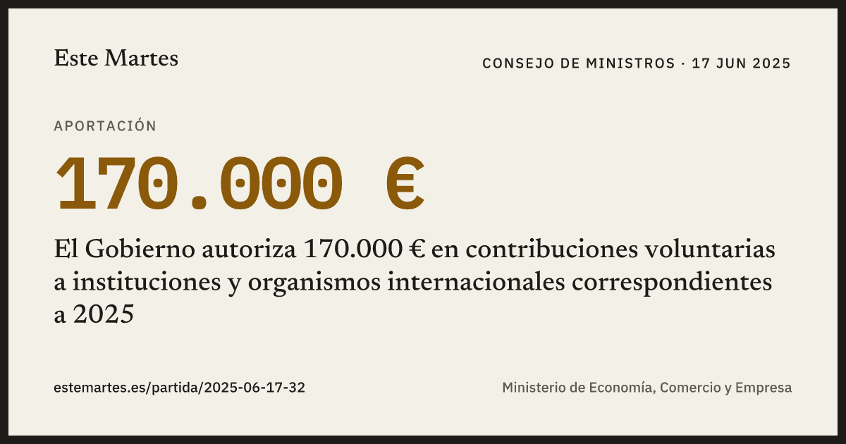 Tarjeta: El Gobierno autoriza 170.000 € en contribuciones voluntarias a instituciones y organismos internacionales correspondientes a 2025