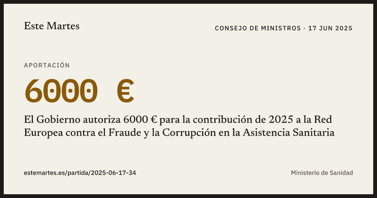 Tarjeta: El Gobierno autoriza 6000 € para la contribución de 2025 a la Red Europea contra el Fraude y la Corrupción en la Asistencia Sanitaria