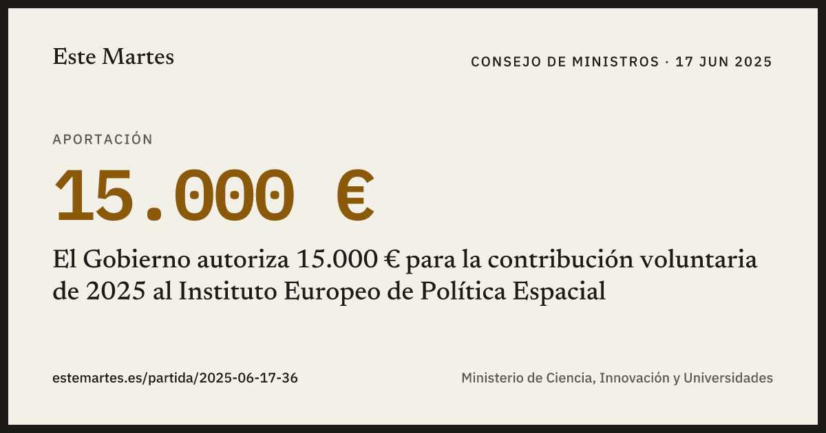 Tarjeta: El Gobierno autoriza 15.000 € para la contribución voluntaria de 2025 al Instituto Europeo de Política Espacial