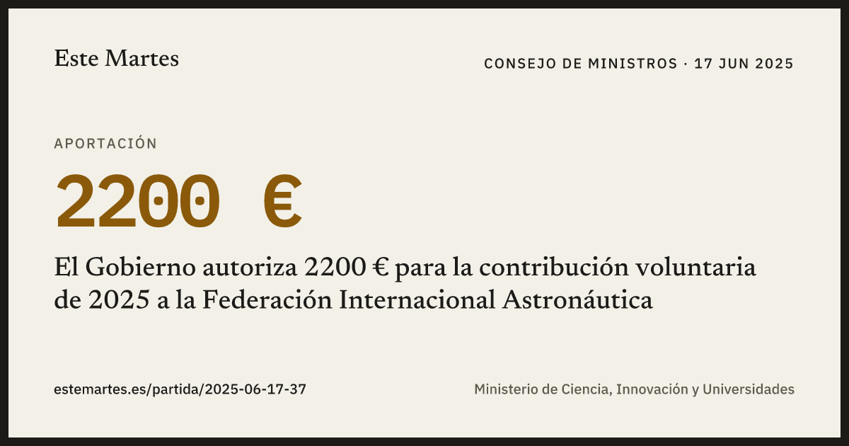 Tarjeta: El Gobierno autoriza 2200 € para la contribución voluntaria de 2025 a la Federación Internacional Astronáutica