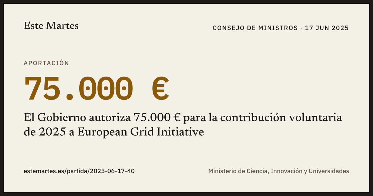 Tarjeta: El Gobierno autoriza 75.000 € para la contribución voluntaria de 2025 a European Grid Initiative