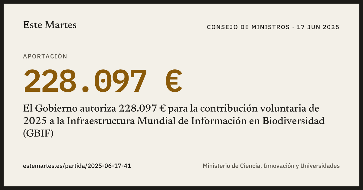 Tarjeta: El Gobierno autoriza 228.097 € para la contribución voluntaria de 2025 a la Infraestructura Mundial de Información en Biodiversidad (GBIF)