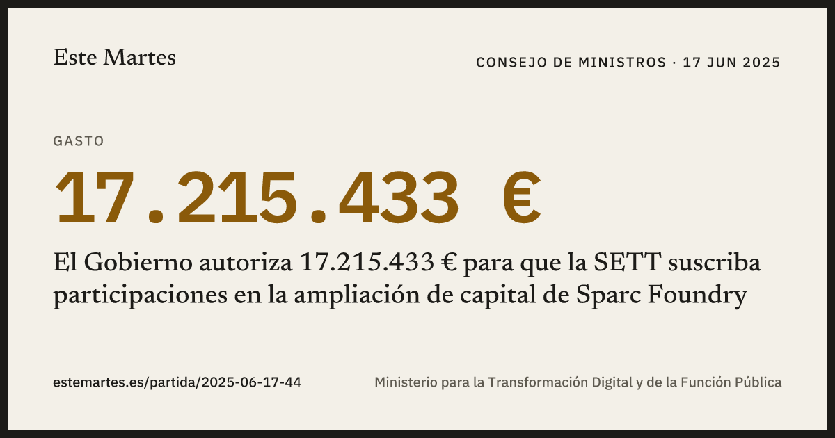 Tarjeta: El Gobierno autoriza 17.215.433 € para que la SETT suscriba participaciones en la ampliación de capital de Sparc Foundry