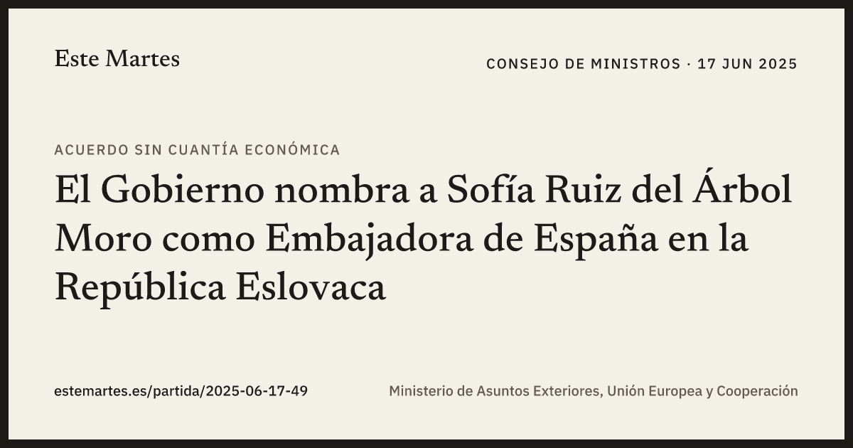 Tarjeta: El Gobierno nombra a Sofía Ruiz del Árbol Moro como Embajadora de España en la República Eslovaca