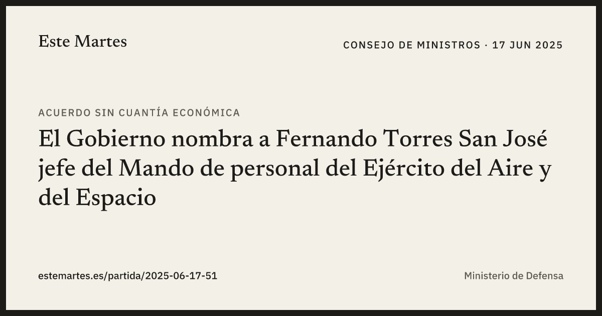 Tarjeta: El Gobierno nombra a Fernando Torres San José jefe del Mando de personal del Ejército del Aire y del Espacio