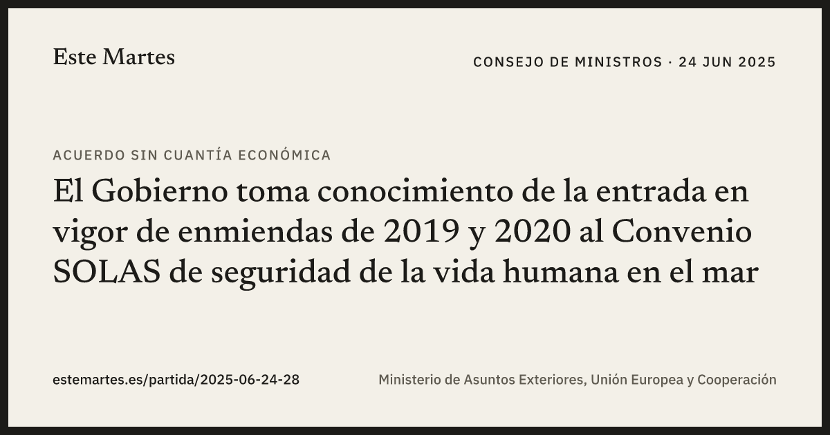 Tarjeta: El Gobierno toma conocimiento de la entrada en vigor de enmiendas de 2019 y 2020 al Convenio SOLAS de seguridad de la vida humana en el mar