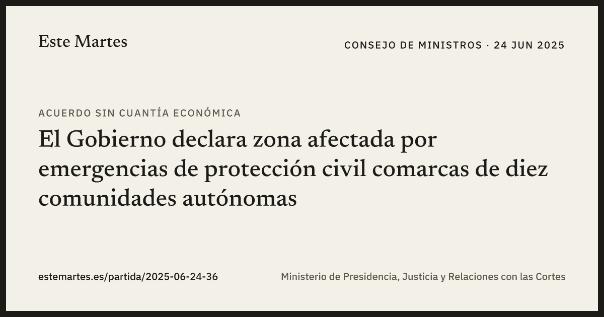 Tarjeta: El Gobierno declara zona afectada por emergencias de protección civil comarcas de diez comunidades autónomas