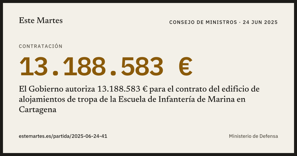 Tarjeta: El Gobierno autoriza 13.188.583 € para el contrato del edificio de alojamientos de tropa de la Escuela de Infantería de Marina en Cartagena