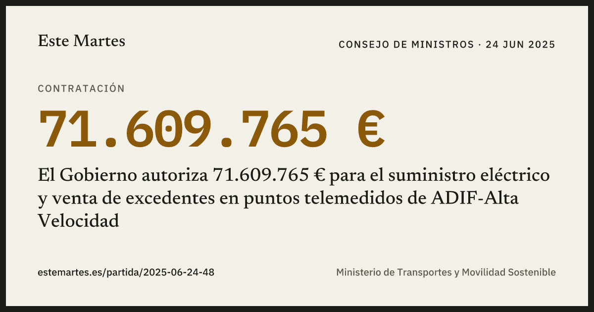 Tarjeta: El Gobierno autoriza 71.609.765 € para el suministro eléctrico y venta de excedentes en puntos telemedidos de ADIF-Alta Velocidad