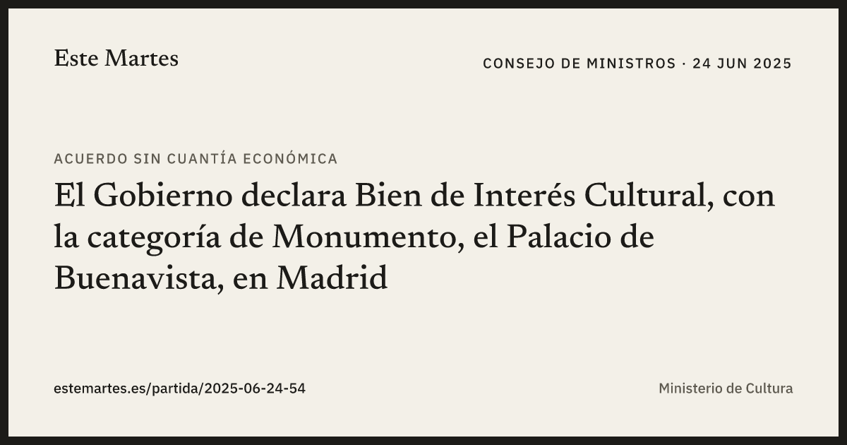 Tarjeta: El Gobierno declara Bien de Interés Cultural, con la categoría de Monumento, el Palacio de Buenavista, en Madrid