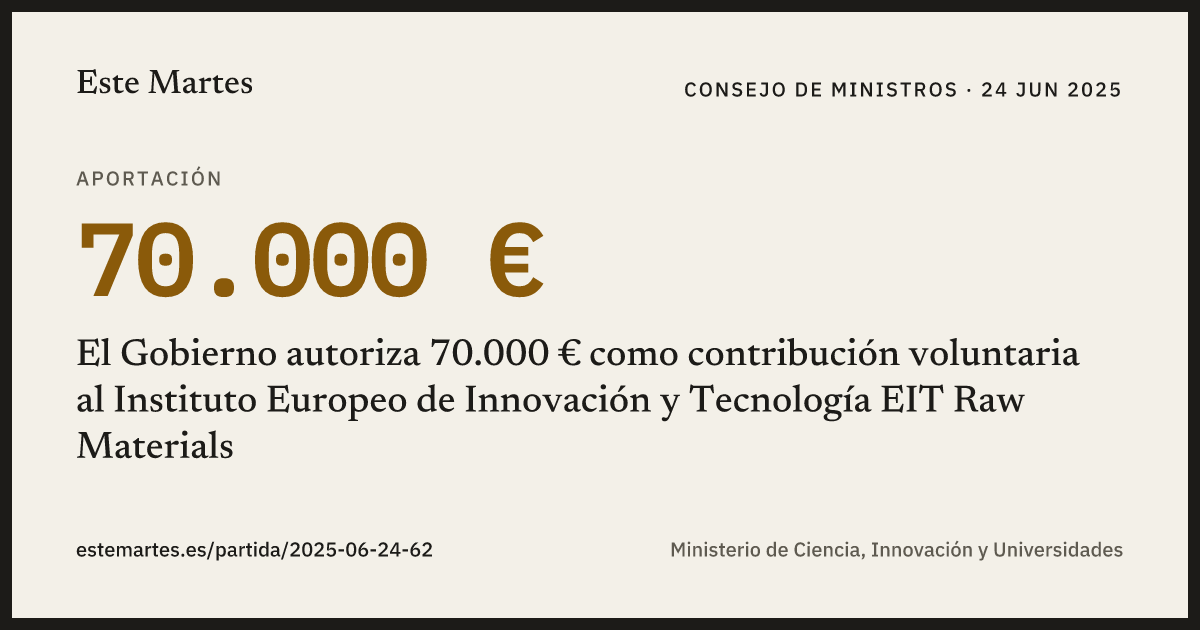 Tarjeta: El Gobierno autoriza 70.000 € como contribución voluntaria al Instituto Europeo de Innovación y Tecnología EIT Raw Materials