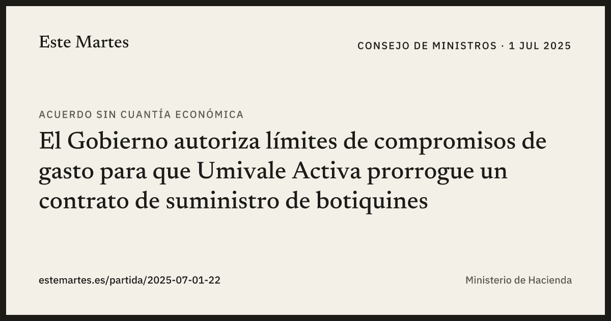Tarjeta: El Gobierno autoriza límites de compromisos de gasto para que Umivale Activa prorrogue un contrato de suministro de botiquines