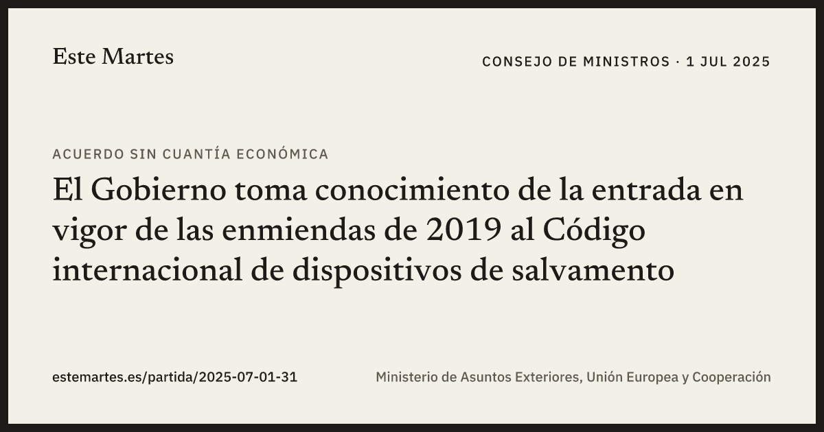 Tarjeta: El Gobierno toma conocimiento de la entrada en vigor de las enmiendas de 2019 al Código internacional de dispositivos de salvamento