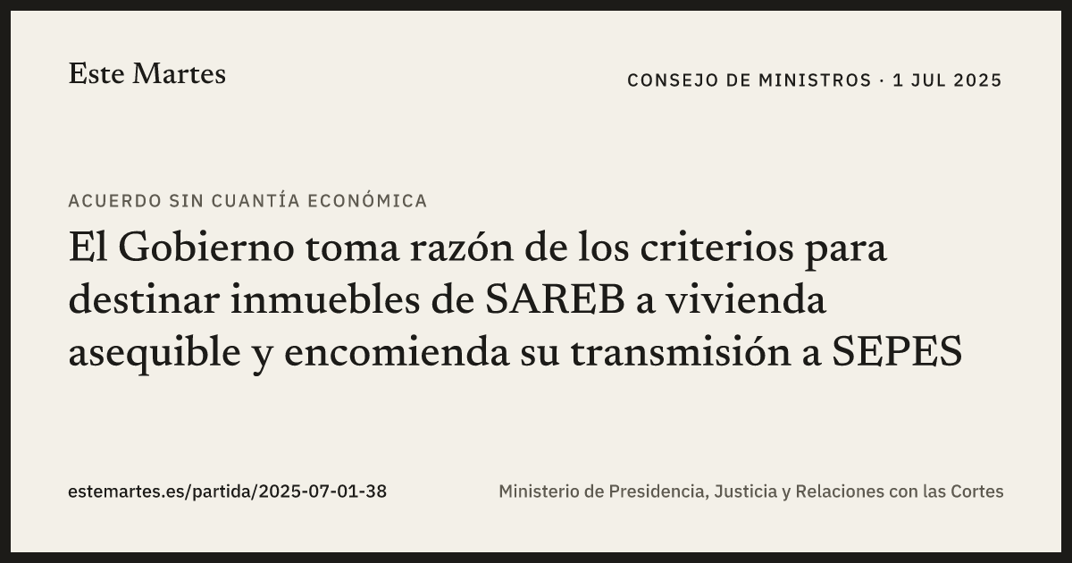 Tarjeta: El Gobierno toma razón de los criterios para destinar inmuebles de SAREB a vivienda asequible y encomienda su transmisión a SEPES