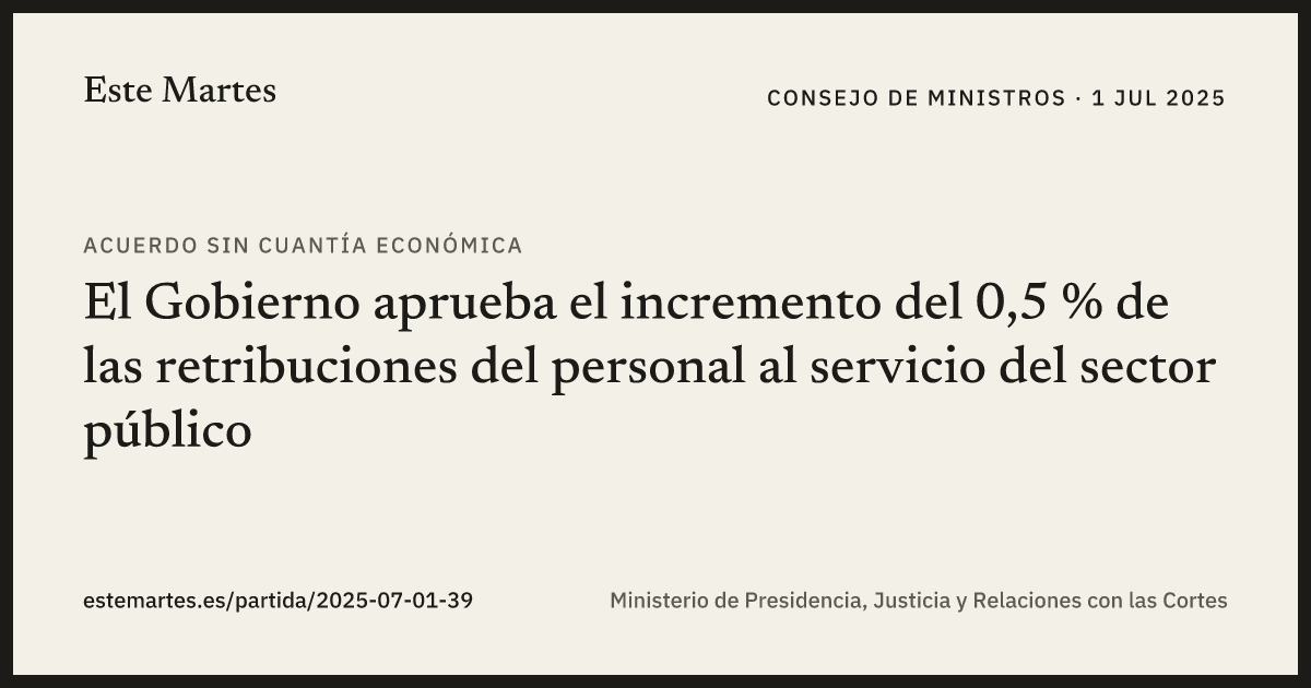 Tarjeta: El Gobierno aprueba el incremento del 0,5 % de las retribuciones del personal al servicio del sector público