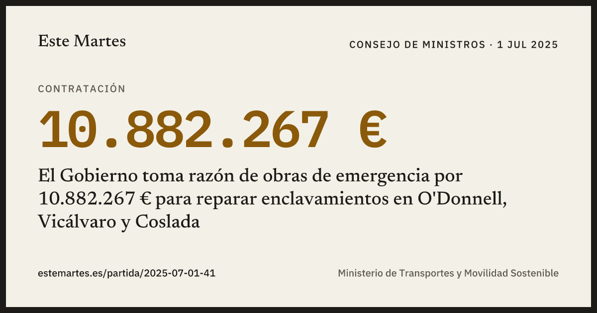 Tarjeta: El Gobierno toma razón de obras de emergencia por 10.882.267 € para reparar enclavamientos en O'Donnell, Vicálvaro y Coslada