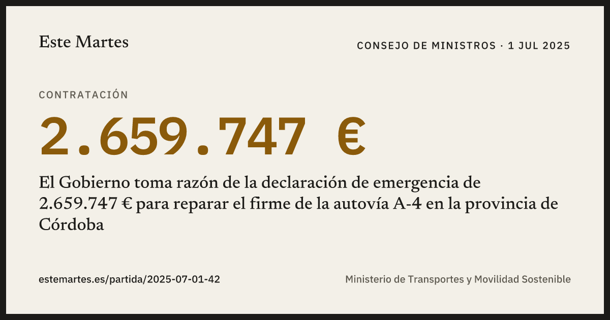 Tarjeta: El Gobierno toma razón de la declaración de emergencia de 2.659.747 € para reparar el firme de la autovía A-4 en la provincia de Córdoba