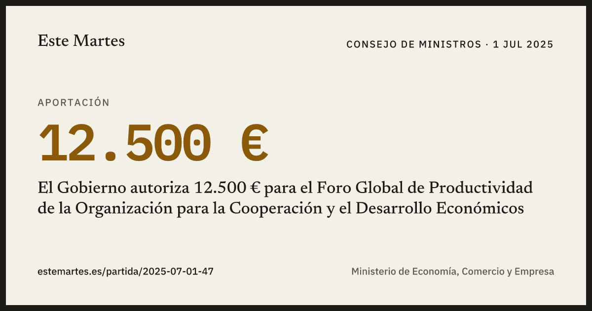 Tarjeta: El Gobierno autoriza 12.500 € para el Foro Global de Productividad de la Organización para la Cooperación y el Desarrollo Económicos