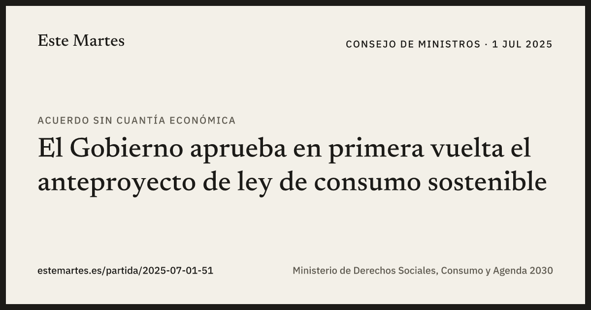 Tarjeta: El Gobierno aprueba en primera vuelta el anteproyecto de ley de consumo sostenible