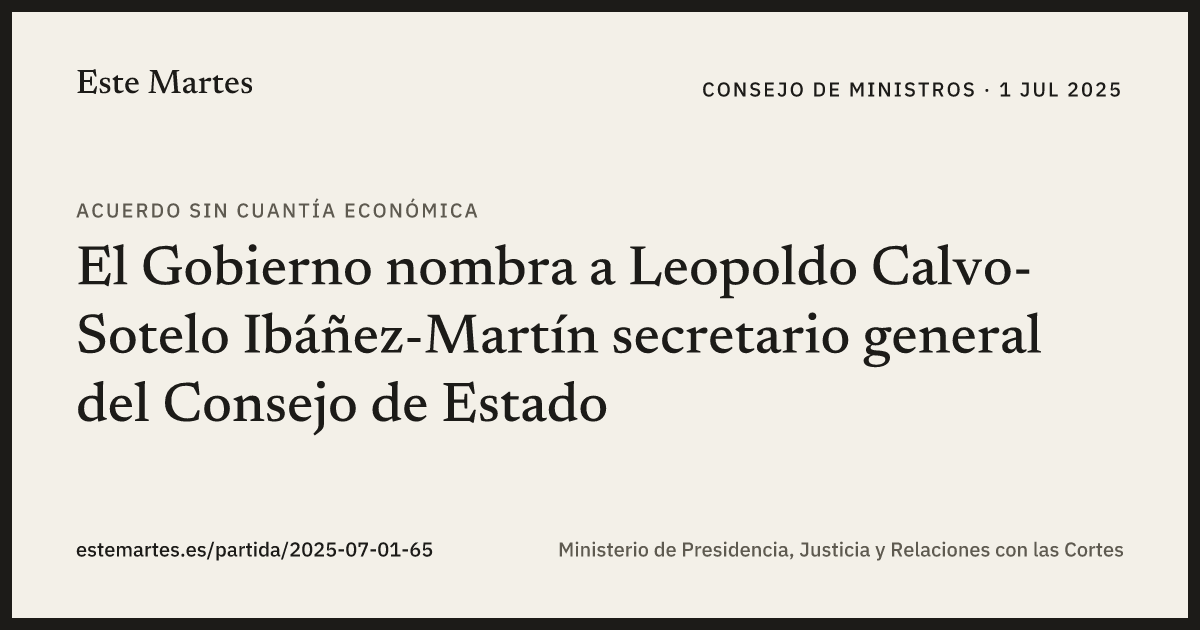 Tarjeta: El Gobierno nombra a Leopoldo Calvo-Sotelo Ibáñez-Martín secretario general del Consejo de Estado