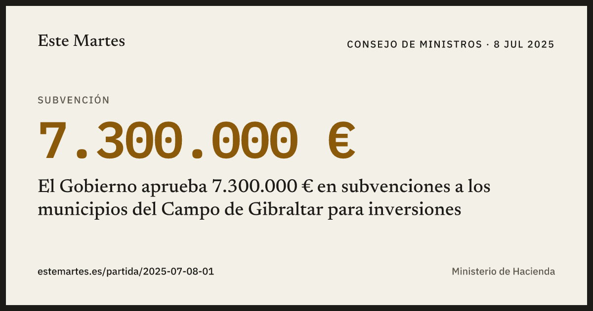 Tarjeta: El Gobierno aprueba 7.300.000 € en subvenciones a los municipios del Campo de Gibraltar para inversiones