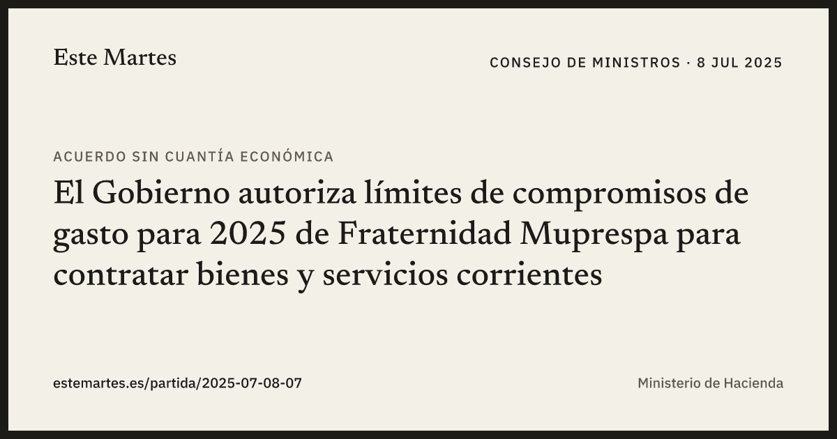 Tarjeta: El Gobierno autoriza límites de compromisos de gasto para 2025 de Fraternidad Muprespa para contratar bienes y servicios corrientes