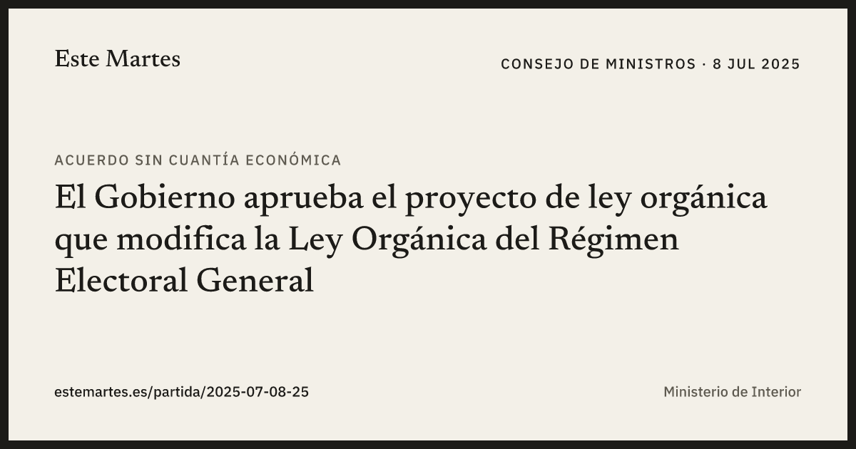 Tarjeta: El Gobierno aprueba el proyecto de ley orgánica que modifica la Ley Orgánica del Régimen Electoral General