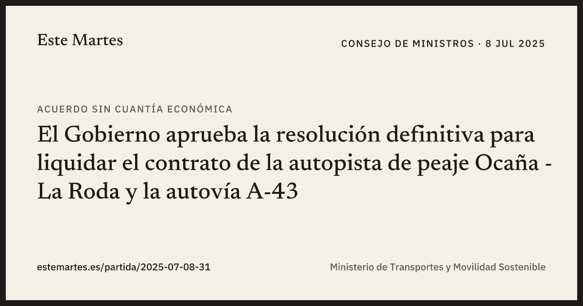 Tarjeta: El Gobierno aprueba la resolución definitiva para liquidar el contrato de la autopista de peaje Ocaña - La Roda y la autovía A-43