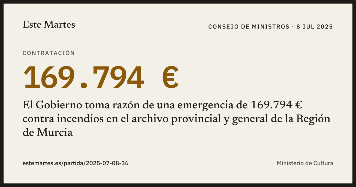 Tarjeta: El Gobierno toma razón de una emergencia de 169.794 € contra incendios en el archivo provincial y general de la Región de Murcia