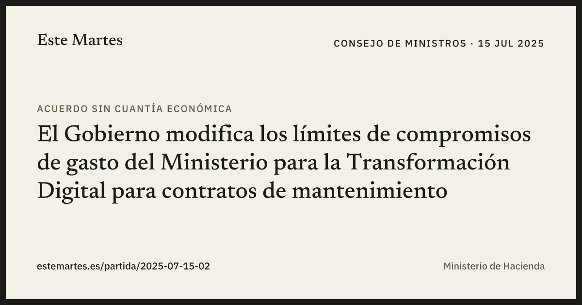 Tarjeta: El Gobierno modifica los límites de compromisos de gasto del Ministerio para la Transformación Digital para contratos de mantenimiento