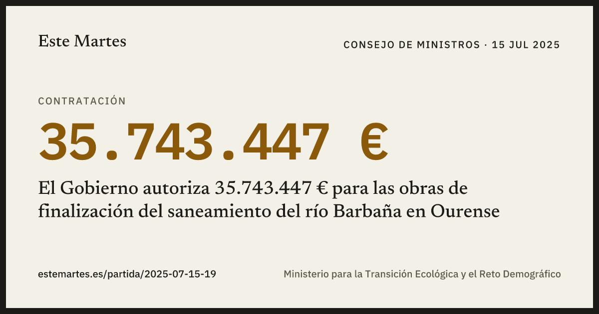 Tarjeta: El Gobierno autoriza 35.743.447 € para las obras de finalización del saneamiento del río Barbaña en Ourense