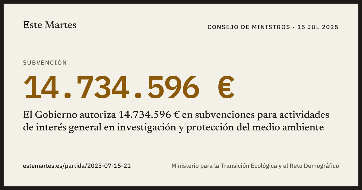 Tarjeta: El Gobierno autoriza 14.734.596 € en subvenciones para actividades de interés general en investigación y protección del medio ambiente
