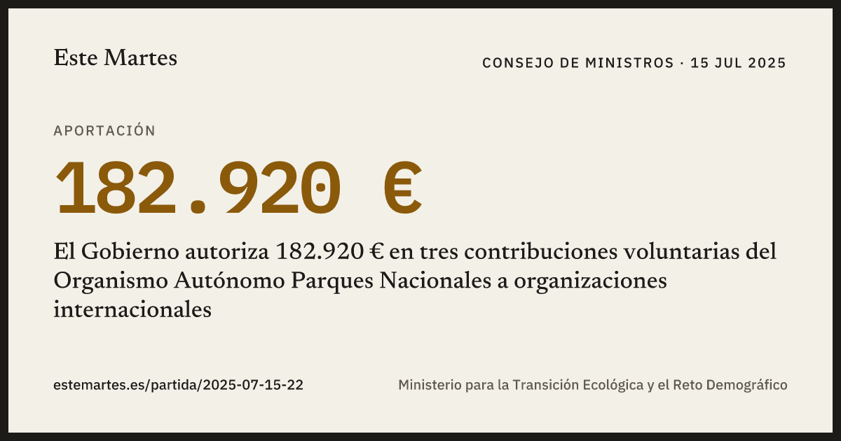 Tarjeta: El Gobierno autoriza 182.920 € en tres contribuciones voluntarias del Organismo Autónomo Parques Nacionales a organizaciones internacionales