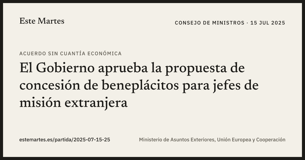 Tarjeta: El Gobierno aprueba la propuesta de concesión de beneplácitos para jefes de misión extranjera
