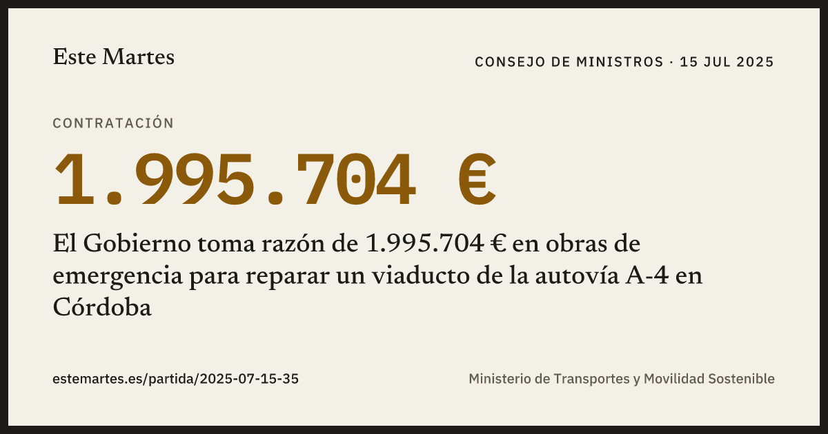Tarjeta: El Gobierno toma razón de 1.995.704 € en obras de emergencia para reparar un viaducto de la autovía A-4 en Córdoba