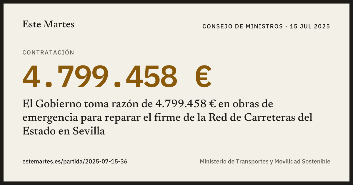 Tarjeta: El Gobierno toma razón de 4.799.458 € en obras de emergencia para reparar el firme de la Red de Carreteras del Estado en Sevilla