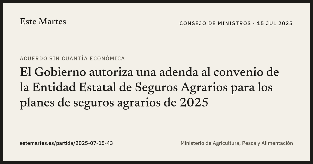 Tarjeta: El Gobierno autoriza una adenda al convenio de la Entidad Estatal de Seguros Agrarios para los planes de seguros agrarios de 2025