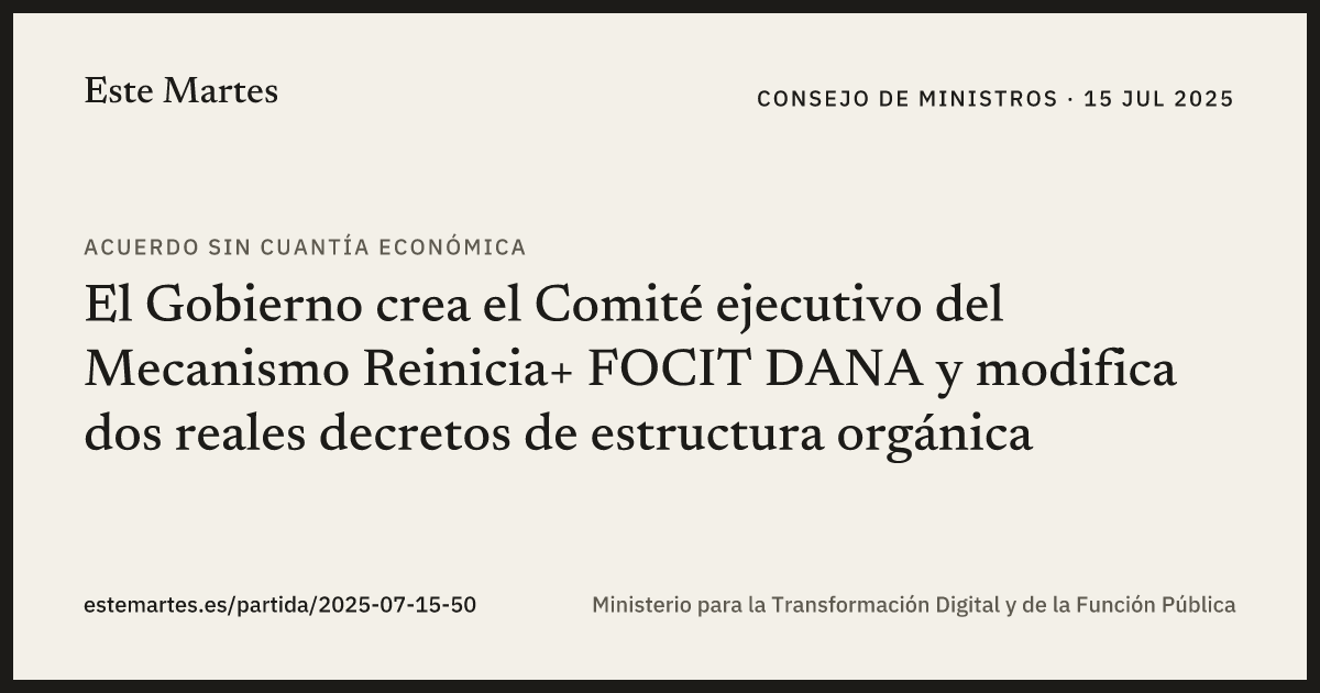 Tarjeta: El Gobierno crea el Comité ejecutivo del Mecanismo Reinicia+ FOCIT DANA y modifica dos reales decretos de estructura orgánica