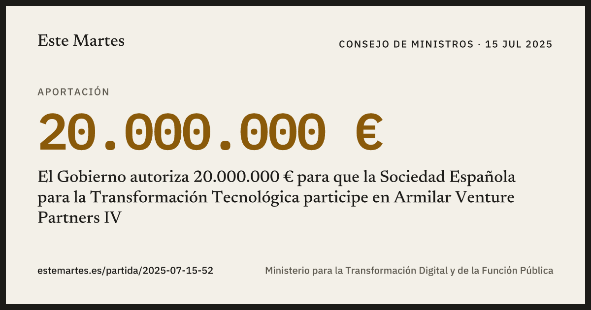 Tarjeta: El Gobierno autoriza 20.000.000 € para que la Sociedad Española para la Transformación Tecnológica participe en Armilar Venture Partners IV