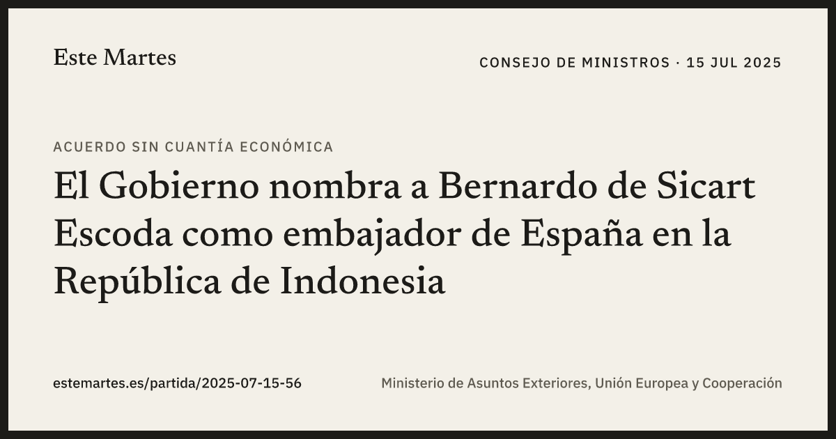 Tarjeta: El Gobierno nombra a Bernardo de Sicart Escoda como embajador de España en la República de Indonesia
