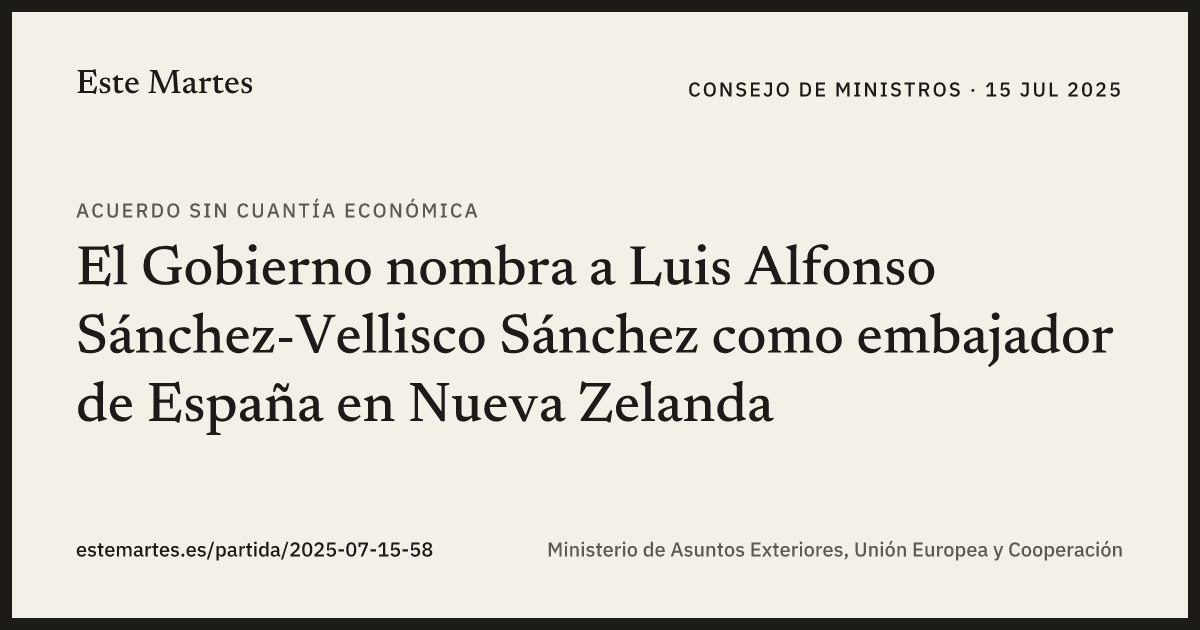 Tarjeta: El Gobierno nombra a Luis Alfonso Sánchez-Vellisco Sánchez como embajador de España en Nueva Zelanda