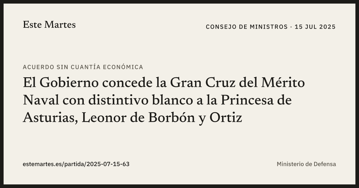 Tarjeta: El Gobierno concede la Gran Cruz del Mérito Naval con distintivo blanco a la Princesa de Asturias, Leonor de Borbón y Ortiz