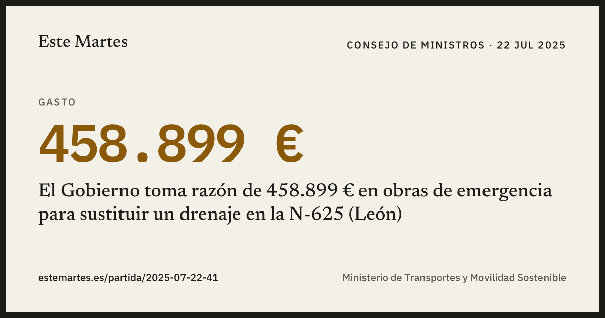 Tarjeta: El Gobierno toma razón de 458.899 € en obras de emergencia para sustituir un drenaje en la N-625 (León)