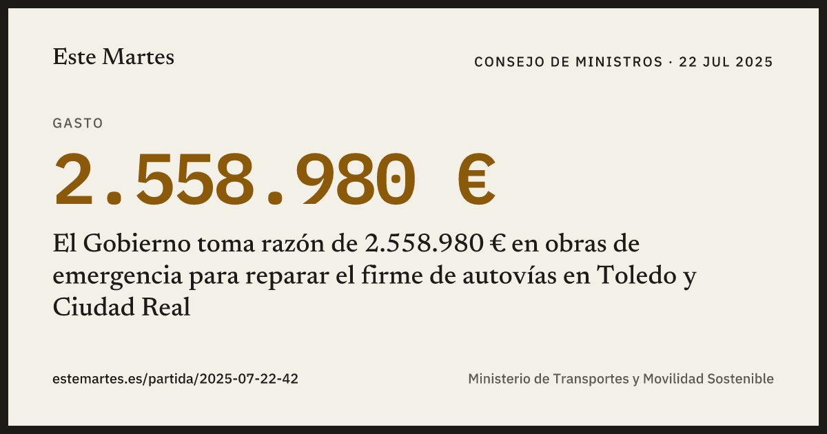 Tarjeta: El Gobierno toma razón de 2.558.980 € en obras de emergencia para reparar el firme de autovías en Toledo y Ciudad Real